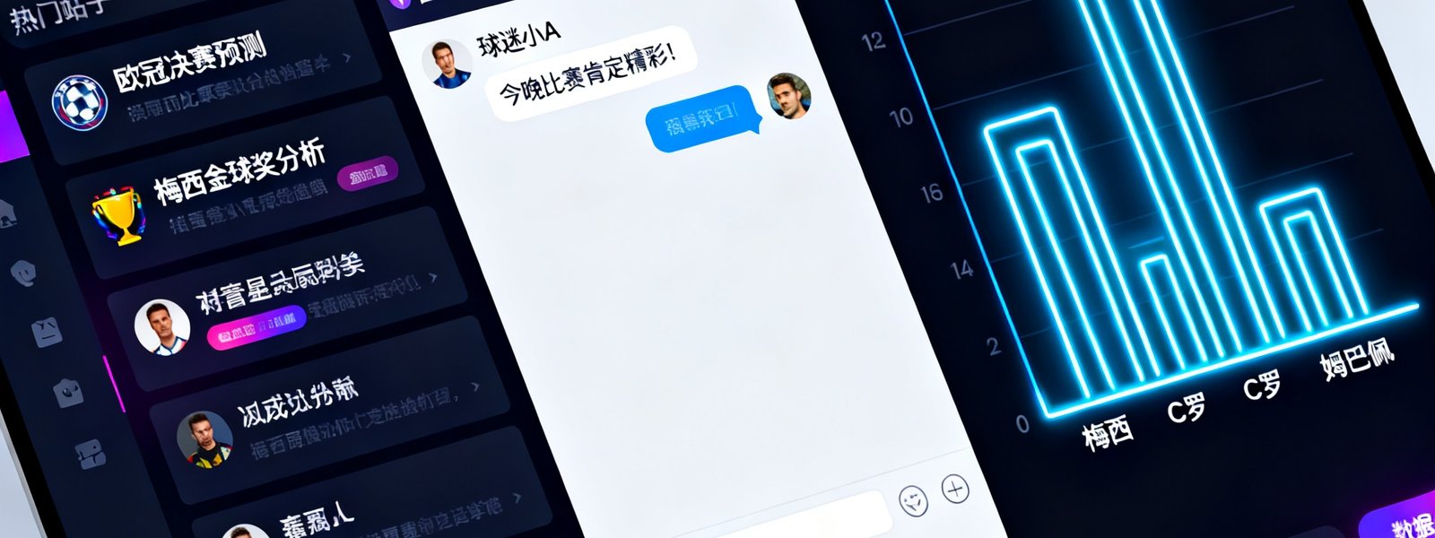 搜球吧球迷社区讨论区界面截图，展示热门帖子列表、实时聊天窗口和球员评分柱状图，界面采用深色主题霓虹配色